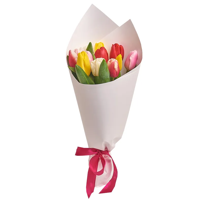 Букет из 15 разноцветных тюльпанов